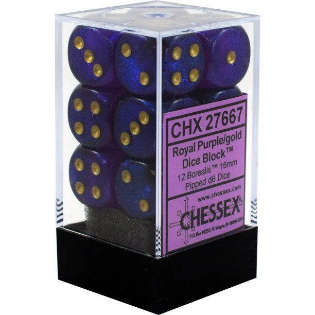 Borealis® 16mm d6 Royal Purple/gold Dice Block™ (12 dice)