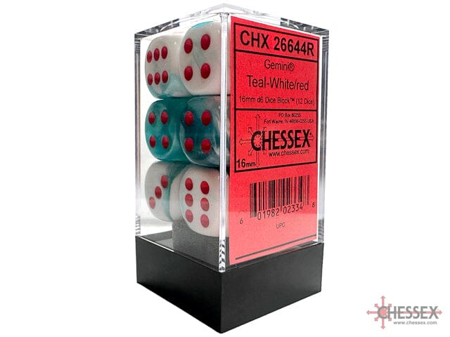 Limited Edition Gemini Teal-White/red 16mm d6 Dice Block (12 dice)